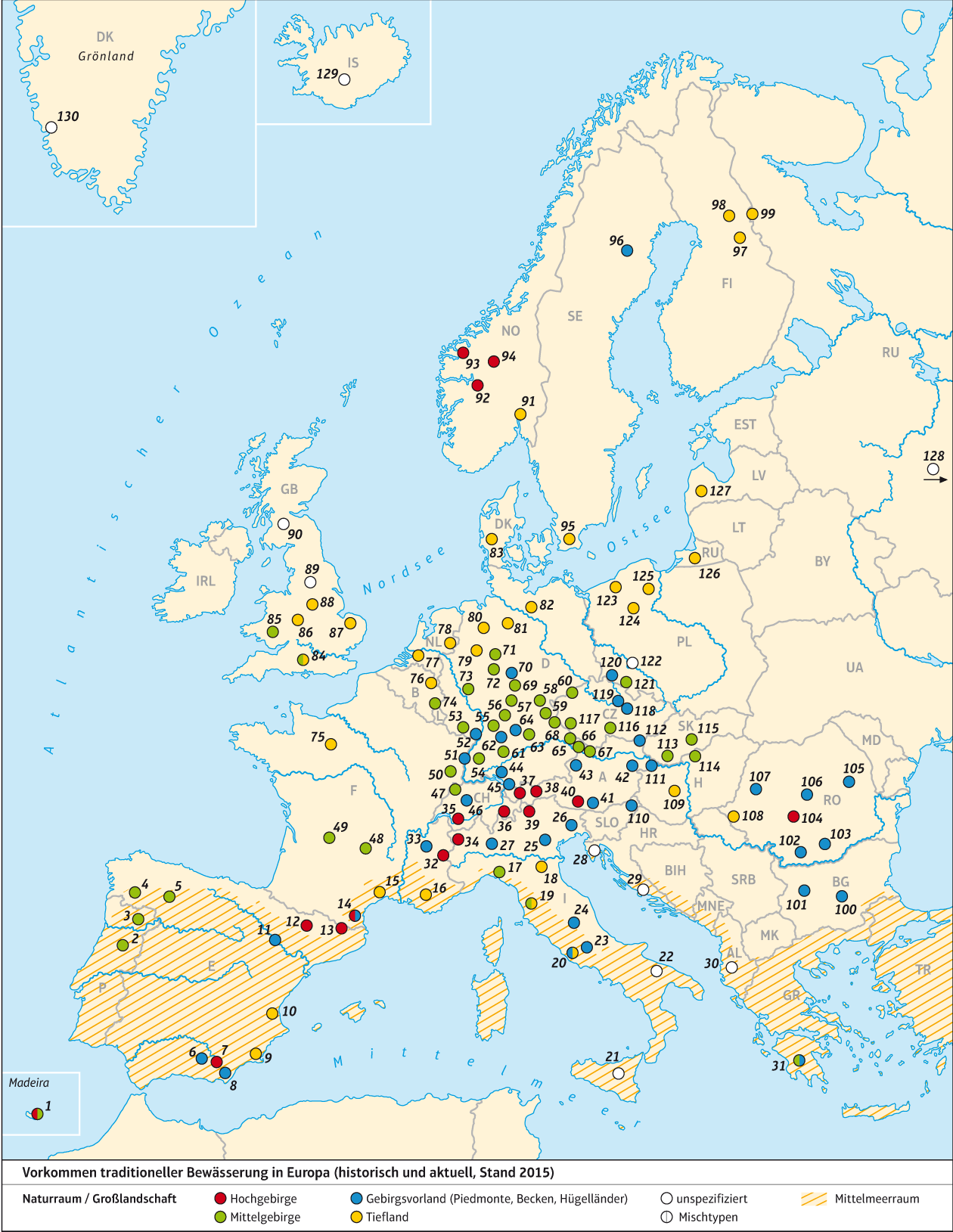 Übersichtskarte zur Traditionellen Bewässerung in Europa nach Leibundgut & Vonderstrass 2016